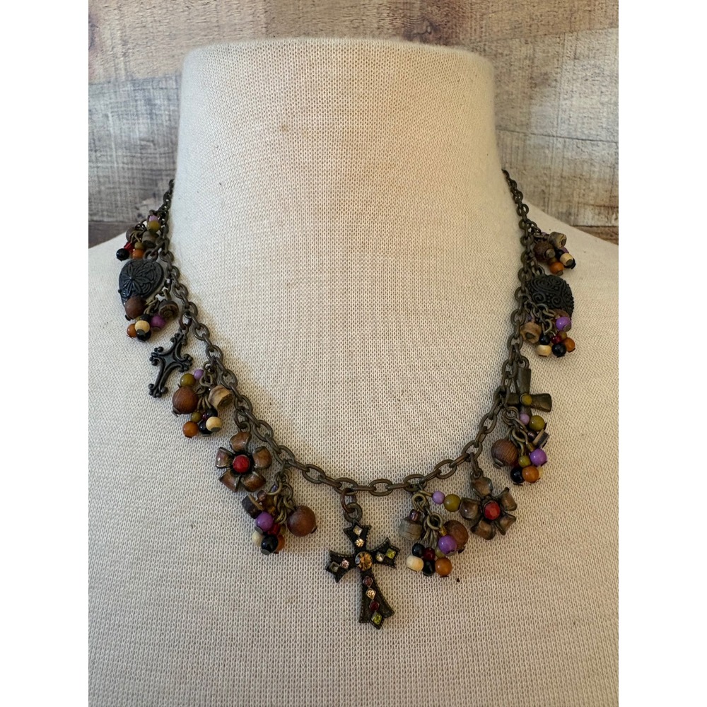 Sweet Romance Bronze Cross Charm Necklace Wood Bead Flower Heart Rhinestone Boho